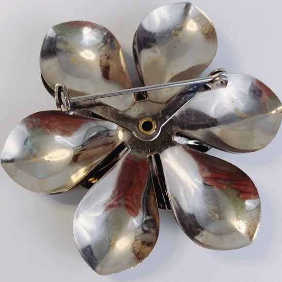 VTG Mid Century Brooch Aqua Rhinestone Layered Floral 1950s Silver Tone Pin - Picture 8 of 9